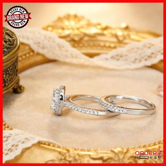 Platinum Plated Silver Moissanite Bridal Set Ring Size 8.5 - Picture 7 of 8